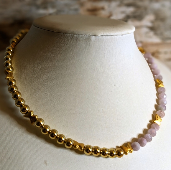 Natural Pink Kunzite  In Half And Half Design Beaded Necklace Choker - Picture 3 of 10